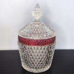 Vintage MCM Indiana Glass Diamond Point Ruby Flash Ice Bucket/ Cookie Jar